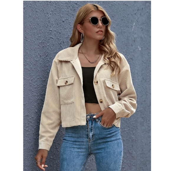 Beige Corduroy Crop Style Button Front Jacket - Picture 3 of 8